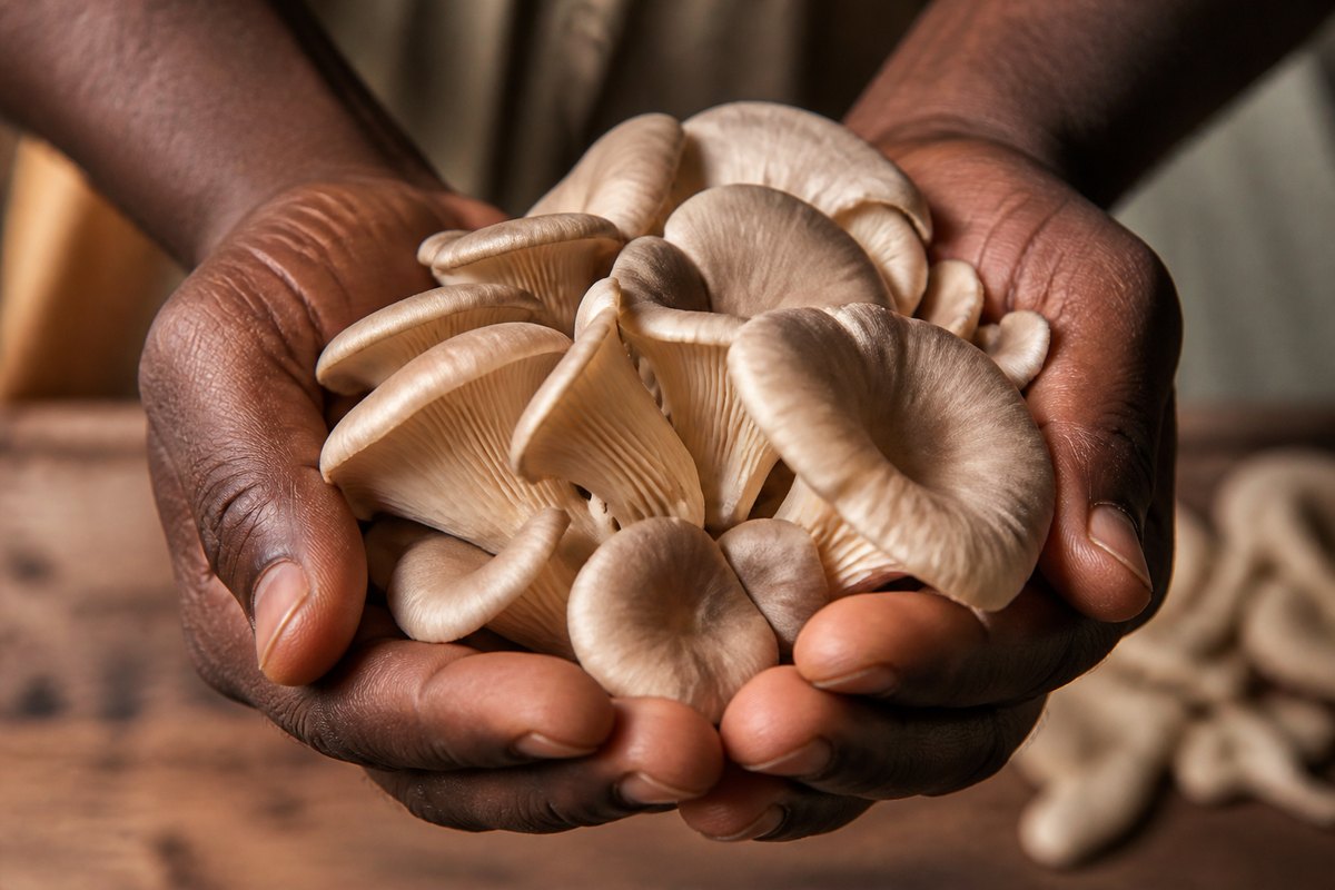 Hands holding a harvest of freshly picked oyster mushrooms