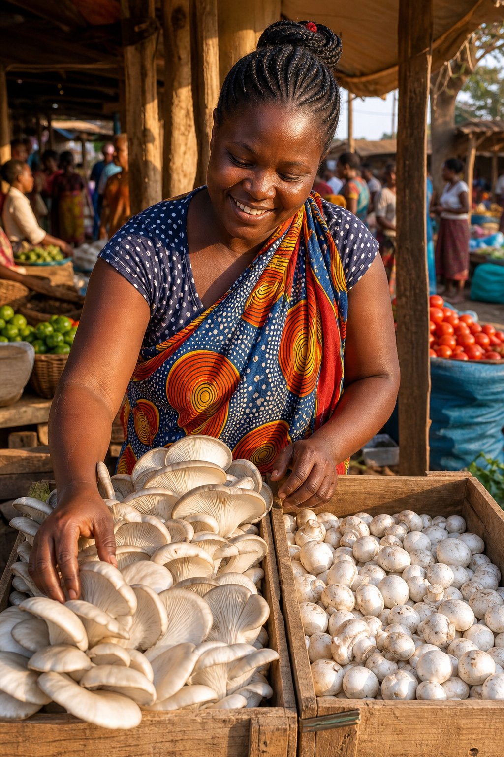 A grower selling oyster and button mushrooms at a Lilongwe market stall
