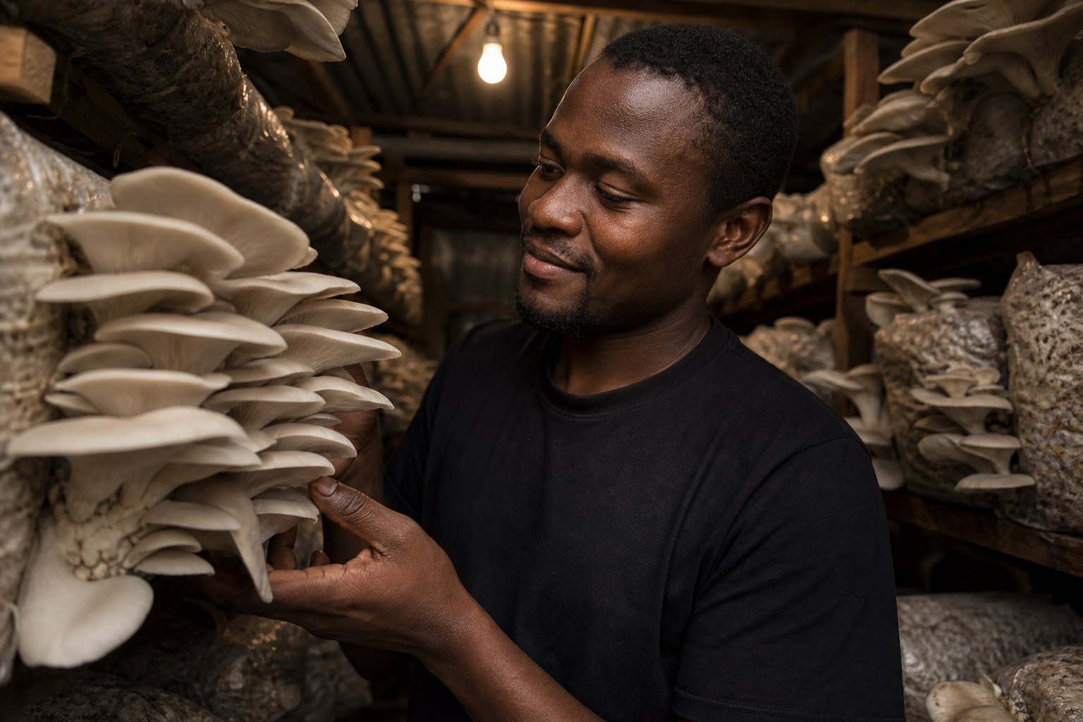 A Malawian grower inspecting oyster mushrooms in the farm